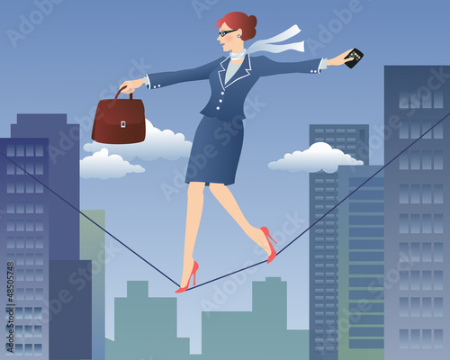 Businesswoman balansing on a rope