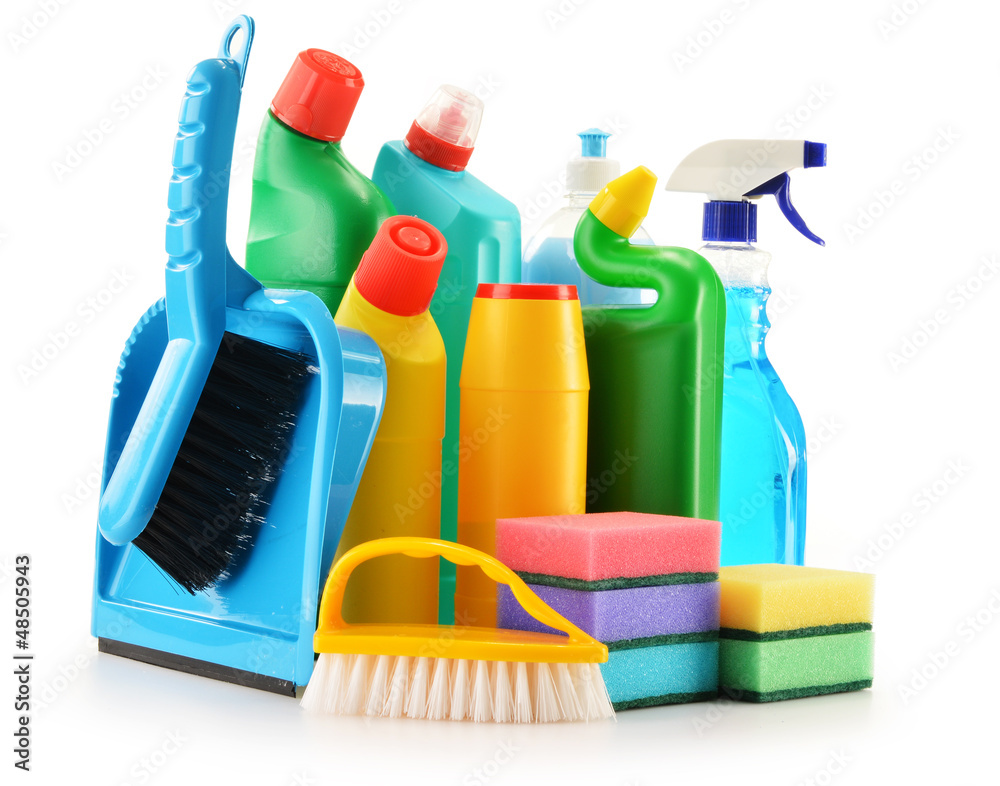 Detergent bottles isolated on white. Chemical cleaning supplies Detergent bottles isolated on white. Chemical cleaning supplies