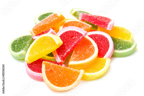 Color fruit jelly candies isolated on white background