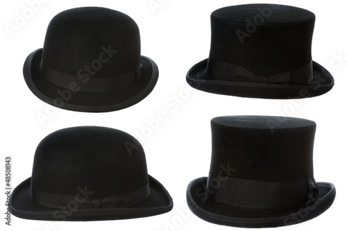 front and side view of top and bowler hats isolated