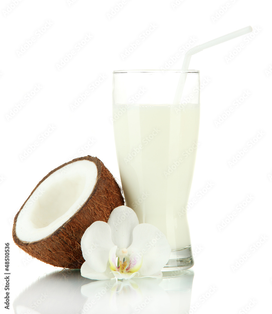 Coconut with glass of milk, isolated on white Coconut with glass of milk, isolated on white