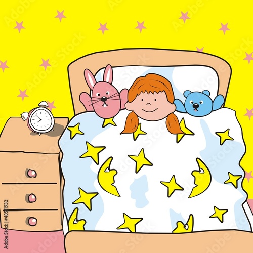 preschool, girl in bed, funny vector illustration