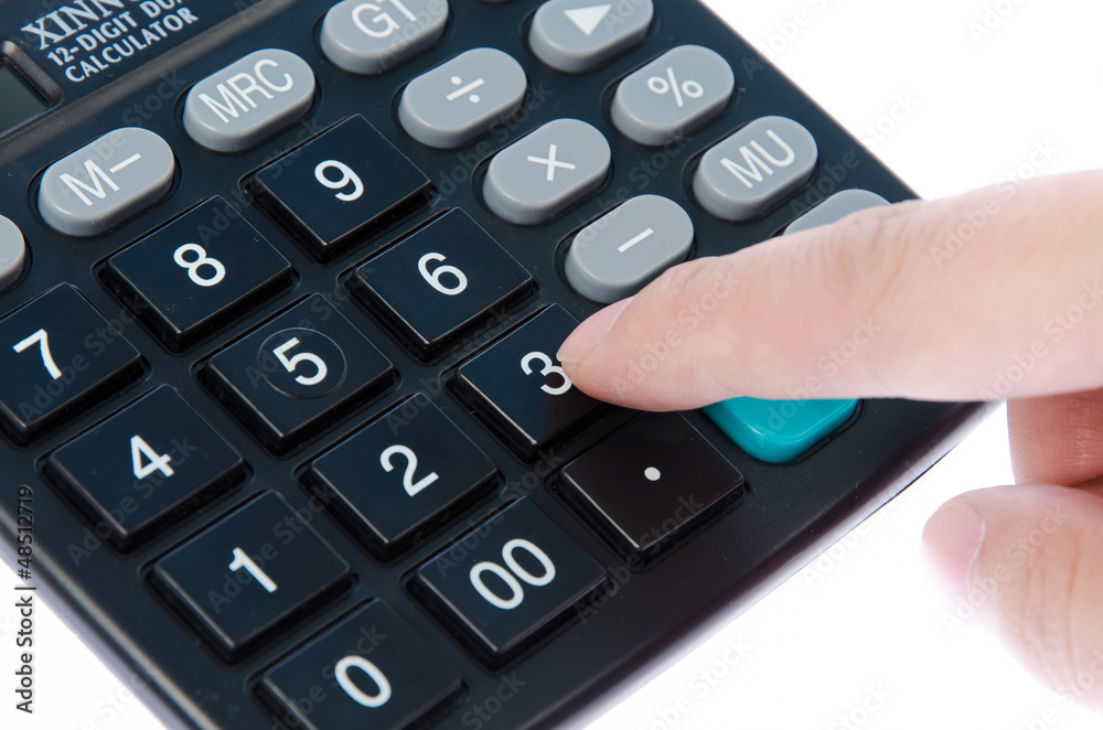 Calculator with finger isolated on white Calculator with finger isolated on white