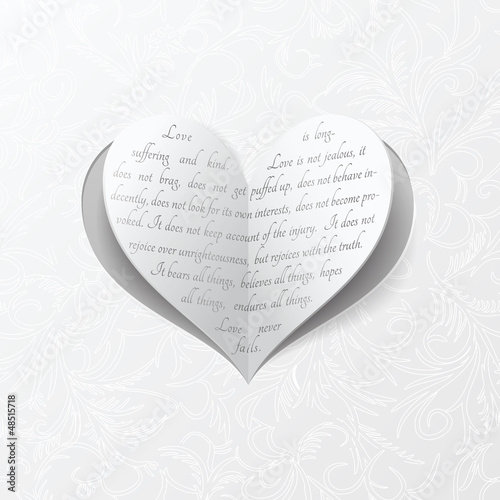 White wedding card with paper heart