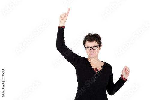 Woman stretched index finger in the air and looking forward