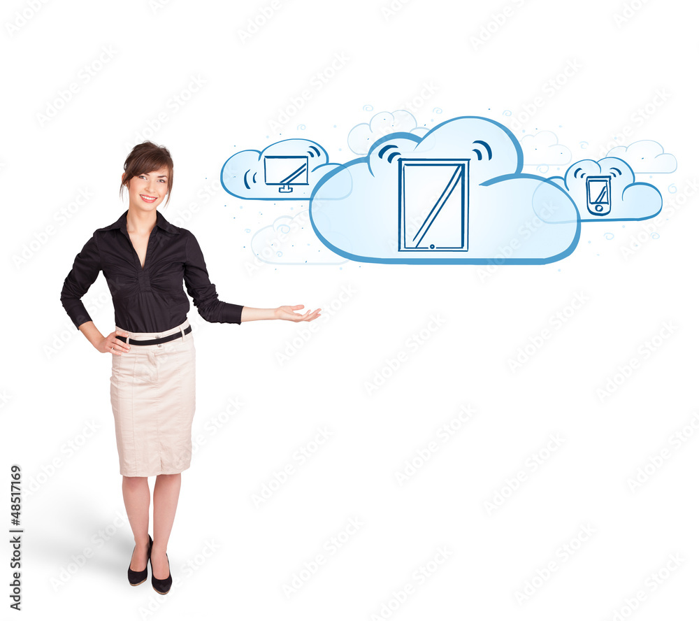 young woman presenting modern devices in clouds young woman presenting modern devices in clouds