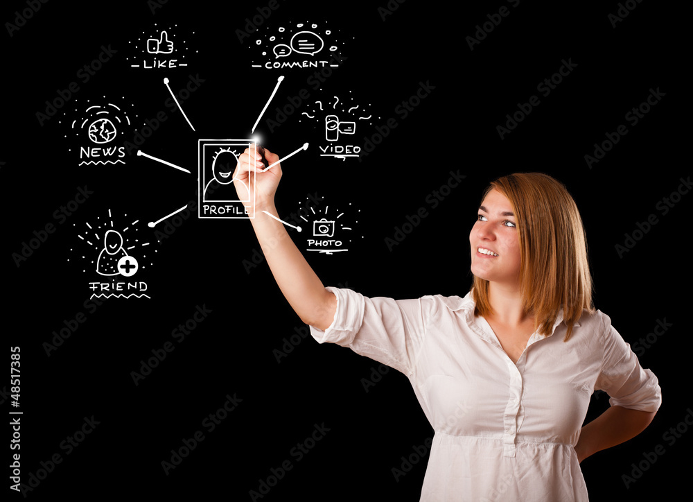 Woman drawing social network icons on whiteboard Woman drawing social network icons on whiteboard
