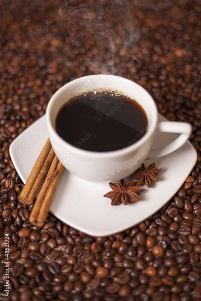 Coffee cup with cinnamon and anise spices Coffee cup with cinnamon and anise spices