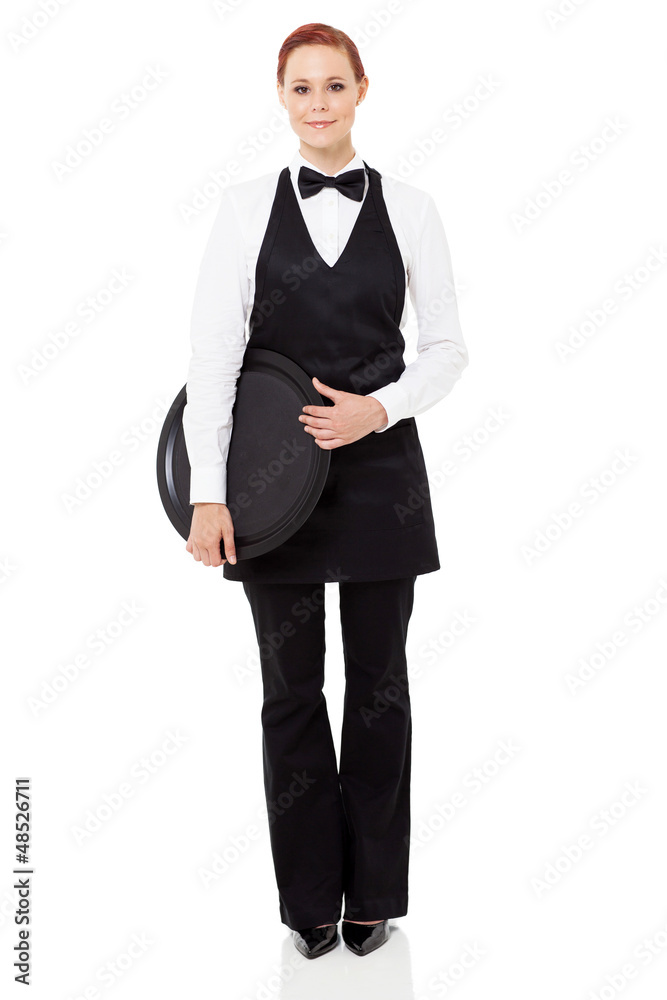 attractive young waitress holding a tray isolated on white attractive young waitress holding a tray isolated on white
