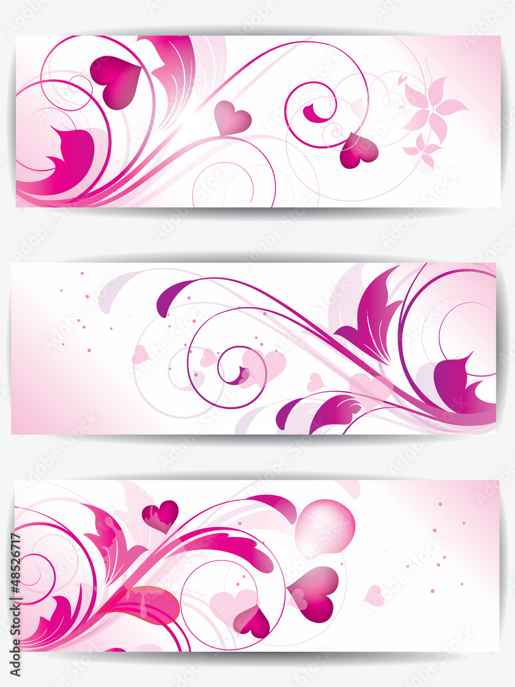 Set of cards with floral background and hearts