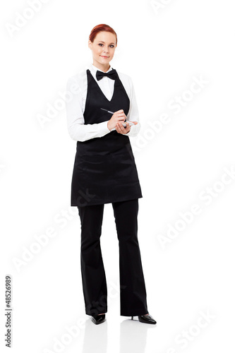 pretty waitress taking order isolated on white