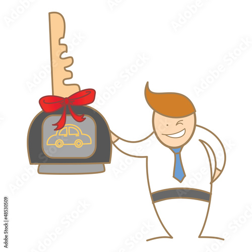 cartoon character of  man smiling with the new car key