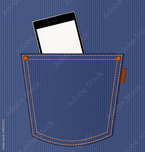 Mobile phone in jeans pocket. Business modern style
