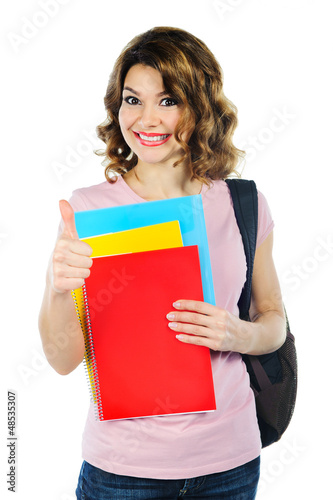 Female student with notebooks isolated on white