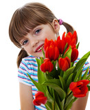 little girl with bunch of tulips