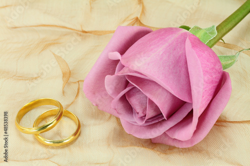 A pair of wedding rings and a pink rose photo
