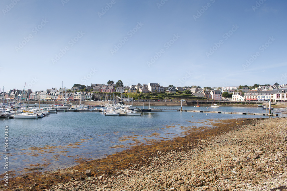 overview Camaret Sur Mer village and harbor on a sunny day