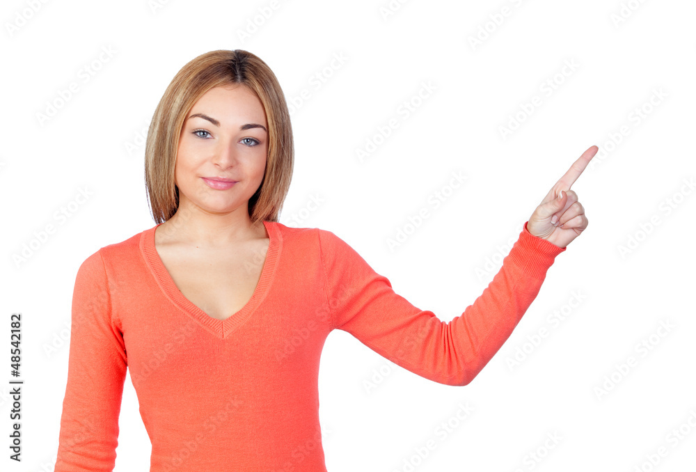 Fototapeta premium Attractive girl pointing to something