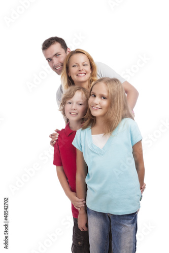 happy family standing in a queu. vertical shoot