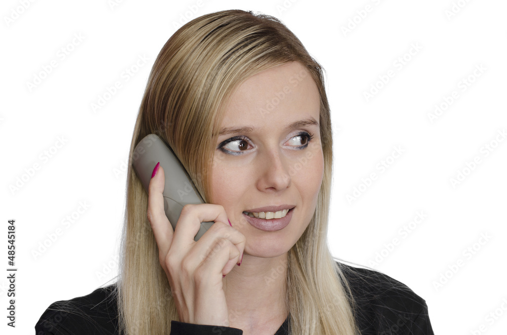 young woman talking on the phone smiling on white background young woman talking on the phone smiling on white background
