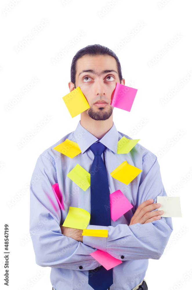 Man with lots of reminder notes Man with lots of reminder notes