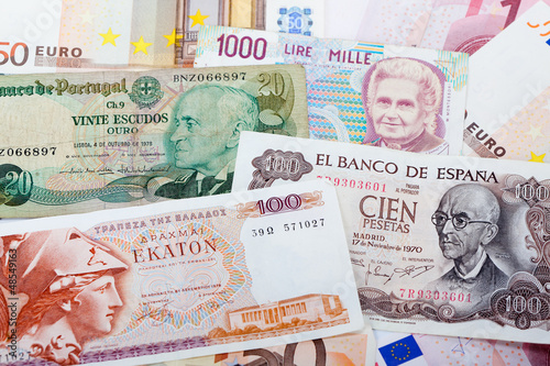 Former Greek, Spanish, Italian and Portugues currency photo