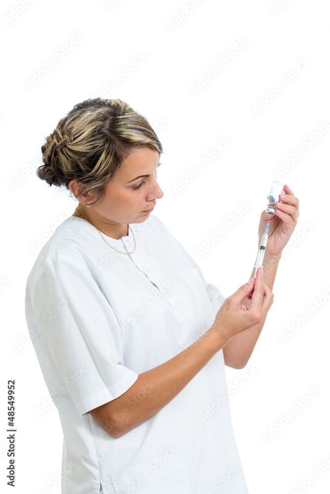 Doctor holding syringe with a medicine, isolated on white Doctor holding syringe with a medicine, isolated on white