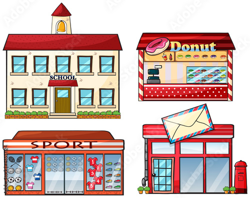 A school, donut store, sport shop and a post office