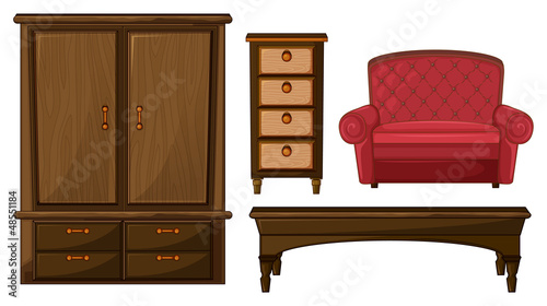 A closet, drawer, table and couch