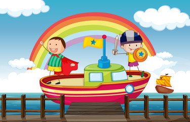 Stickers Superhelden Kinderen spelen in piratenschip  © GraphicsRF