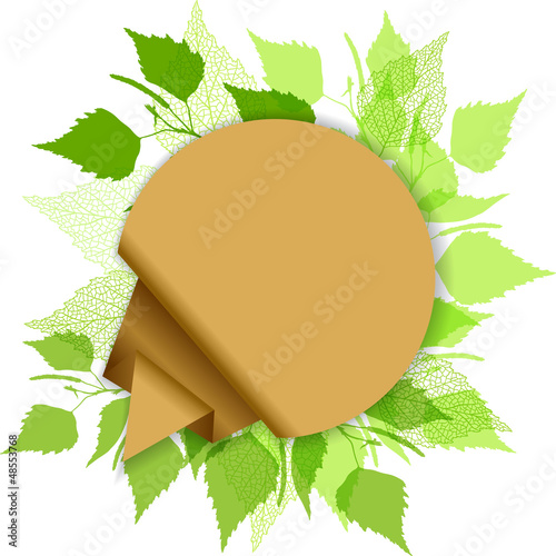 Fresh background with speech bubble and green birch leaves.