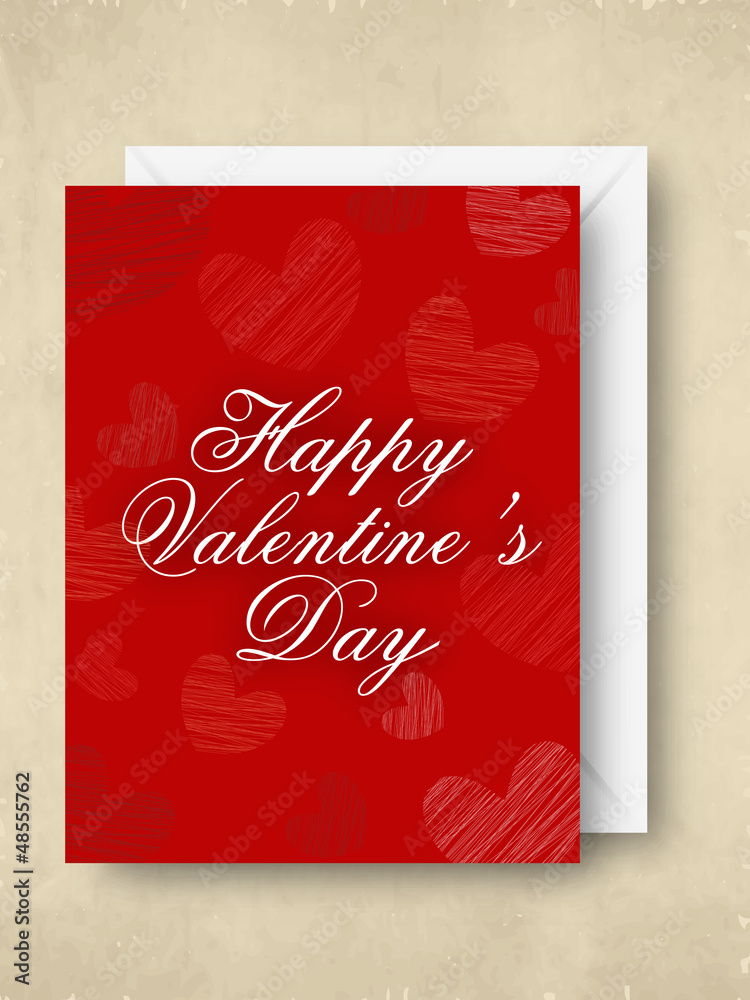 Happy Valentine's Day greeting card in red color with white enve