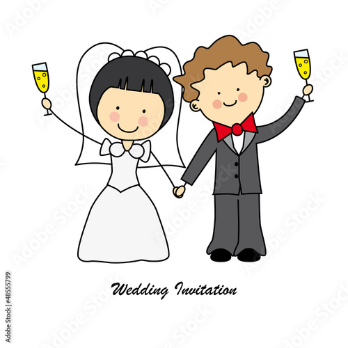 Invitación boda. Novios brindando con champagne