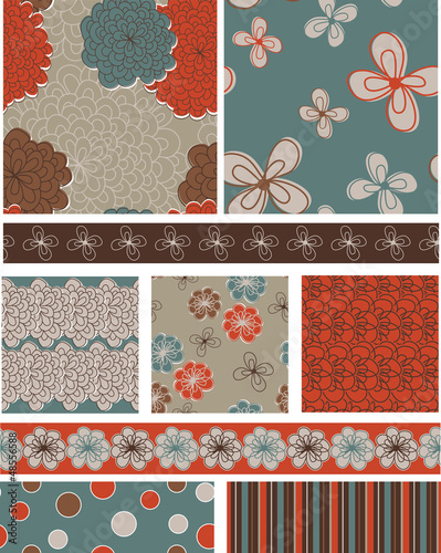 Modern Vector Floral Seamless Patterns and Trims.