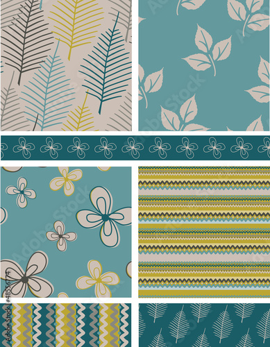Spring Leaves & Floral Seamless Vector Patterns.