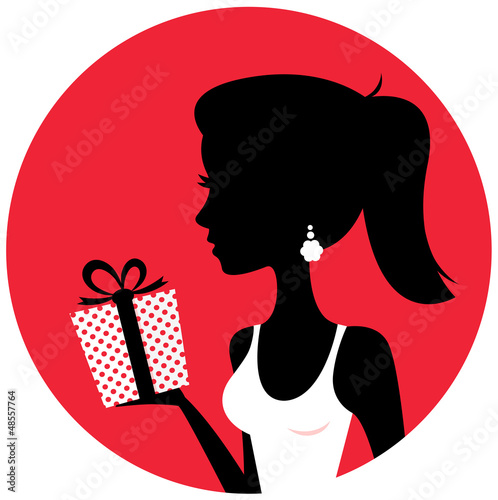 Silhouette of beautiful woman holding present isolated on red