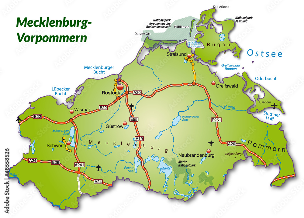 Wunschmotiv: Landkarte von Mecklenburg-Vorpommern mit Autobahnnetz #48558526