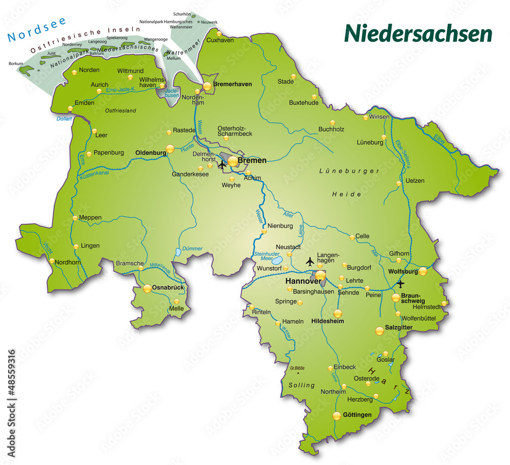Poster Landkarte von Niedersachsen als Inselkarte – Muurposter