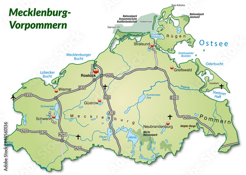 Landkarte von Mecklenburg-Vorpommern mit Verkehrsnetz