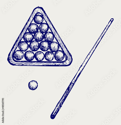 illustration of billard cues and balls. Doodle style