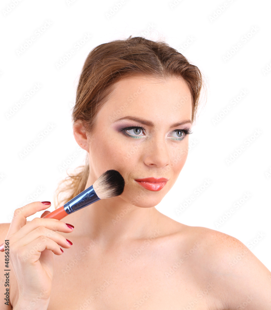 portrait of beautiful woman with make-up brush for powder, portrait of beautiful woman with make-up brush for powder,