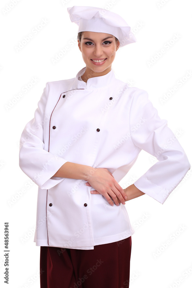 Portrait of young woman chef isolated on white Portrait of young woman chef isolated on white