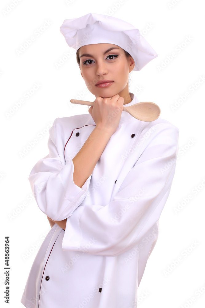 Portrait of young woman chef isolated on white Portrait of young woman chef isolated on white