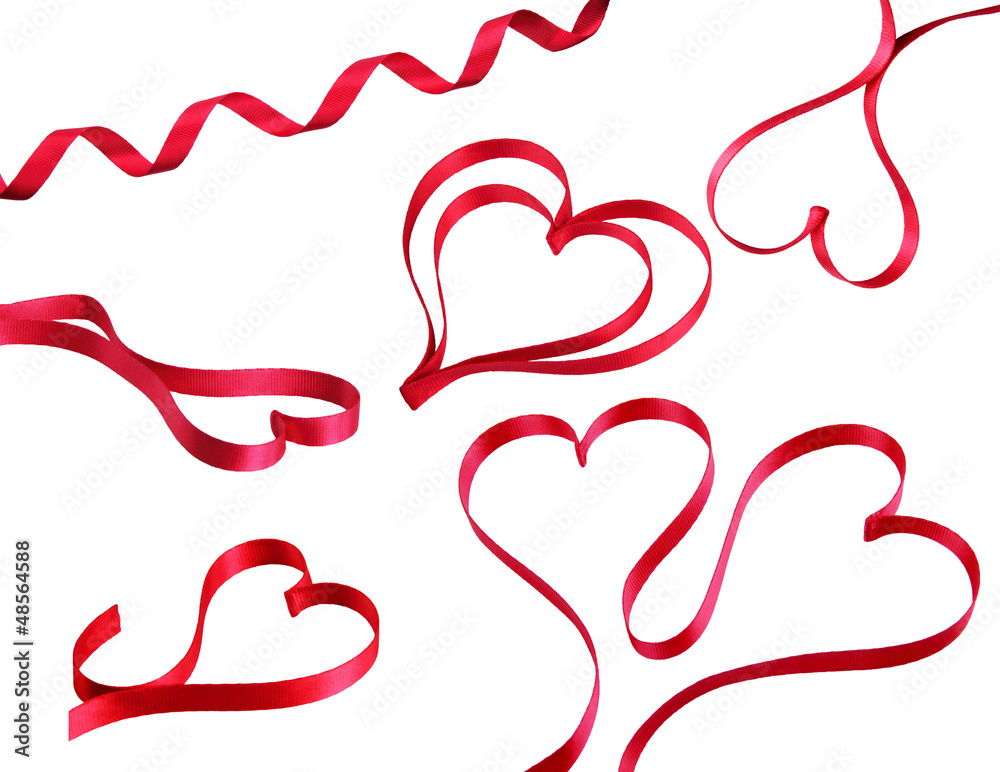 Red heart ribbons isolated on white background
