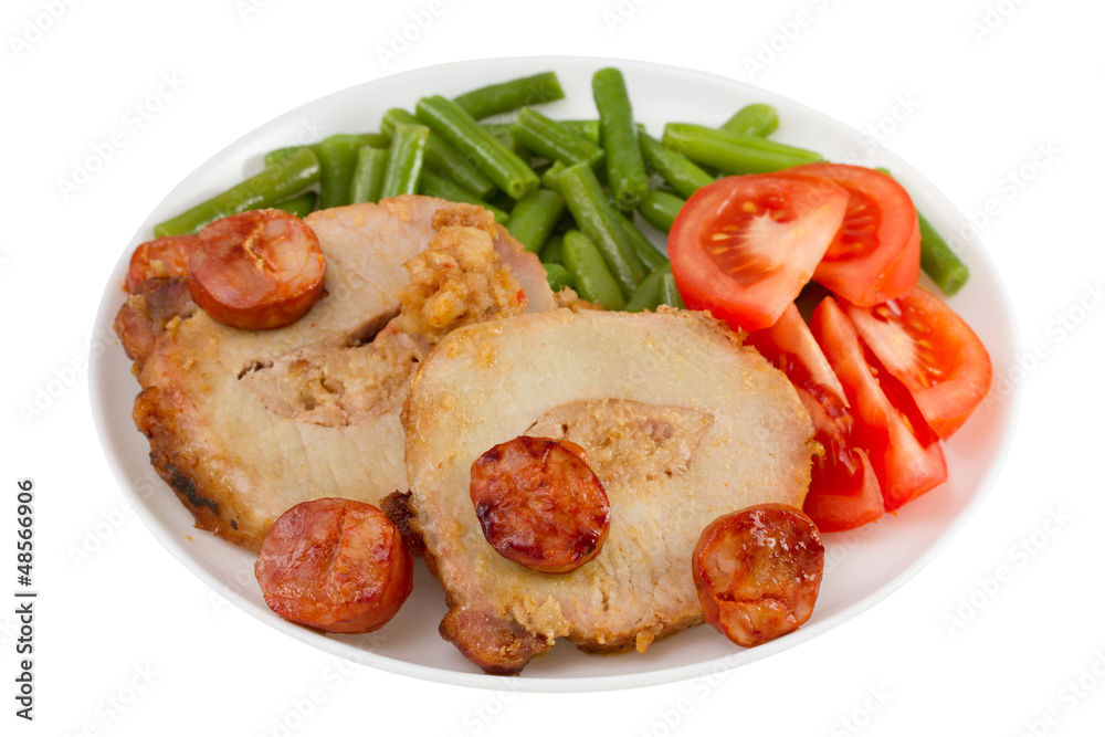 pork with sausage, boiled green beans and tomato pork with sausage, boiled green beans and tomato