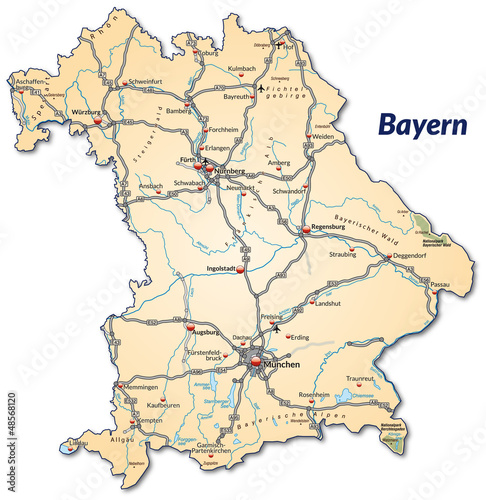 Landkarte von Bayern mit Verkehrsnetz
