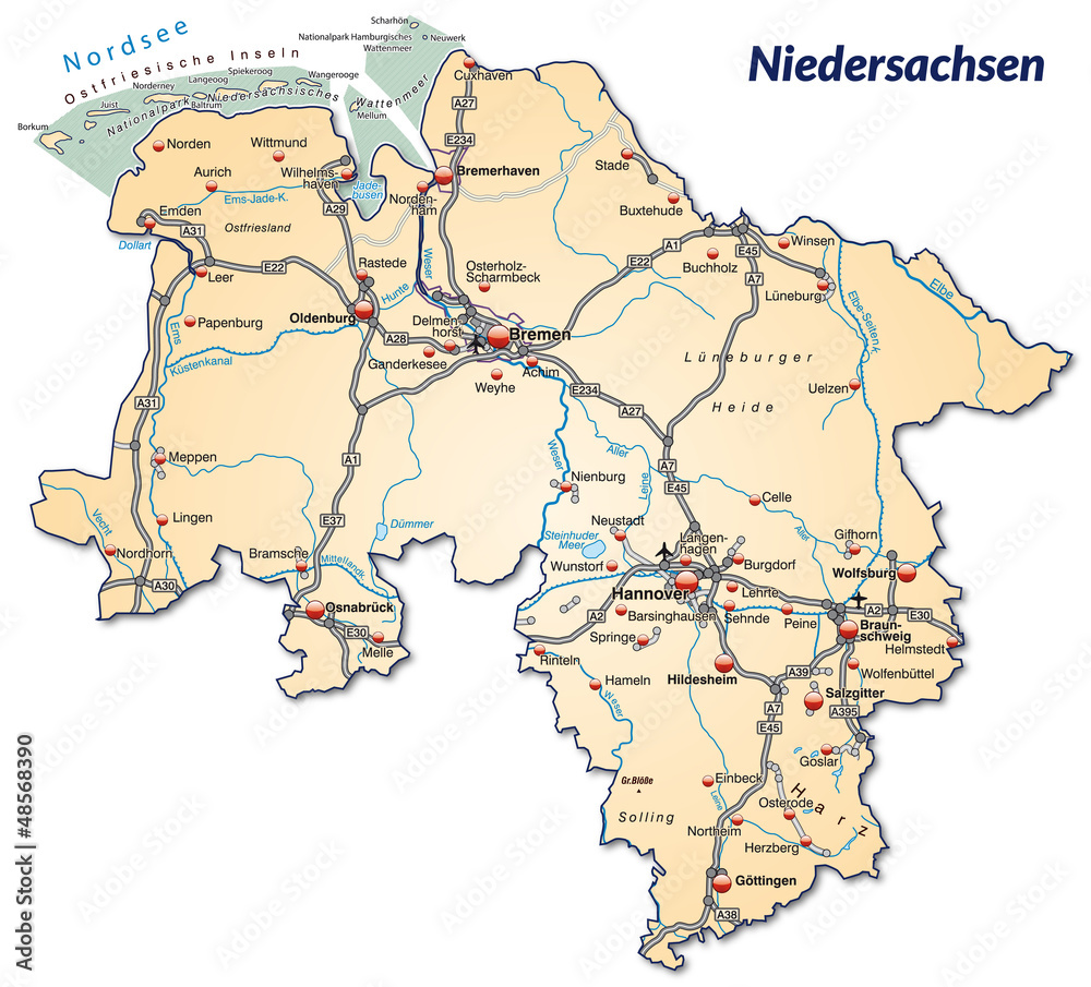 Landkarte von Niedersachsen mit Verkehrsnetz