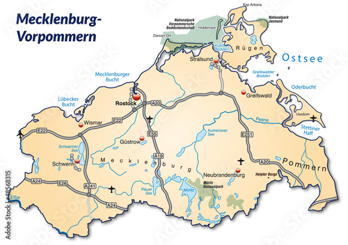 Landkarte von Mecklenburg-Vorpommern mit Verkehrsnetz