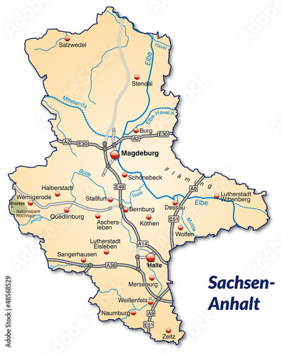 Landkarte von Sachsen-Anhalt mit Verkehrsnetz