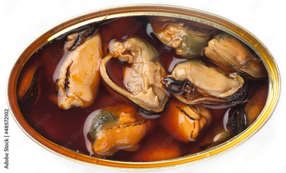 Tinned mussels in a brown oily sauce. Tinned mussels in a brown oily sauce.